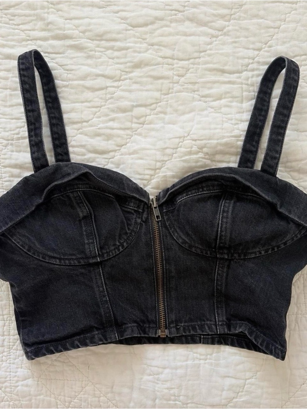 Guess Jeans Black Denim Zip-Front Crop Top Corset